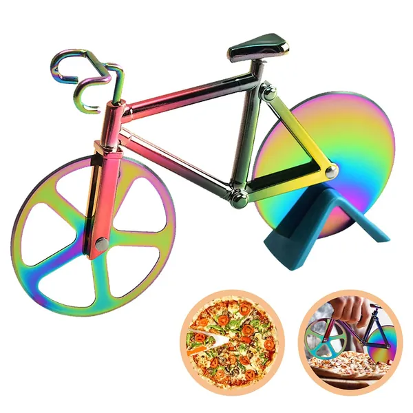 PLANTURECO Pizza Cutter, Stylish Pizza Steel, Pizza Slicer Cutter Wheel, Perfect Kitchen Gadgets for Pizza Cake Pastry Bread – Durable Easy to Clean Practical Baking Tools (Rainbow Bicycle) - Rainbow Bicycle