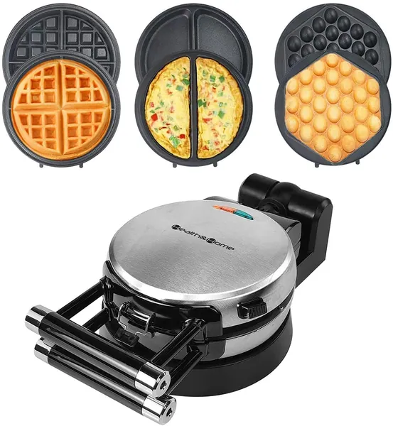 Health and Home 3-in-1 Waffle Maker, Omelet Maker, Egg Waffle Maker, 3 Removable Nonstick Baking Plates, Upgraded 360 Rotating Belgian Waffle Maker - Silver-3