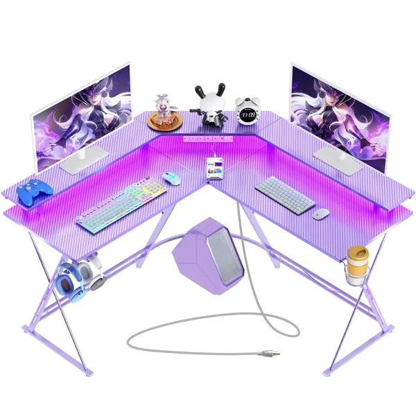SEVEN WARRIOR Gaming Desk 50.4” with LED Strip & Power Outlets, L-Shaped Computer Corner Desk Carbon Fiber Surface with Monitor Stand, Ergonomic Gamer Table with Cup Holder, Headphone Hook, Purple - 
