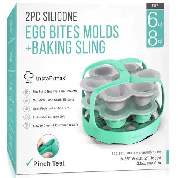 Egg Bite Molds Compatible With Instant Pot, Ninja Foodi and Pressure Cookers 5-Qt 6-Qt 8-Qt - 2 Pack Set Silicone Mold, Lid, and Silicon Sling - Mould For Egg-Bites, Sous Vide, Eggbite Muffin - 
