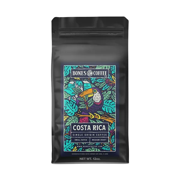 Bones Coffee Company Costa Rica Single-Origin Flavored Coffee Beans & Ground Coffee | 12 oz Medium Roast Low Acid Coffee | Coffee Gifts & Beverages (Whole Bean) - Costa Rica 12 oz Whole Bean Coffee