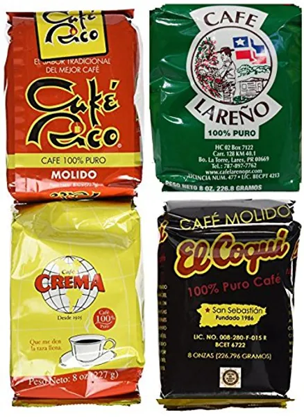 Puerto Rican Variety Pack Ground Coffee - 4 Local Favorites in 8 Ounce Bags (Lareno, Rico, Coqui and Crema) - 
