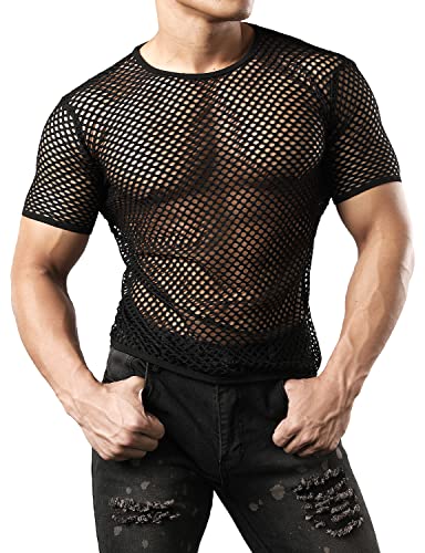JOGAL Men's Mesh Fishnet Fitted Short Sleeve Muscle Top - X-Large - Black