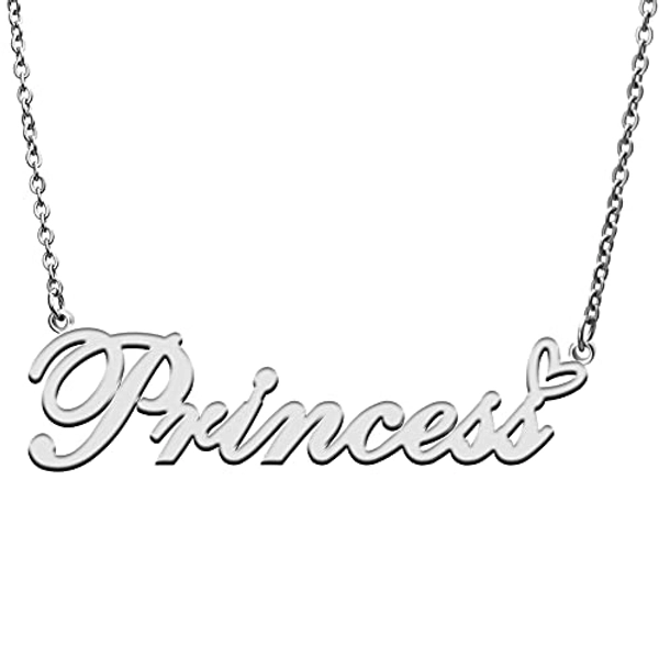 RONKAH Custom Personalized Name Necklace with Heart Customized Name Necklace for Women Personal Fashion Necklace Best Gift for Girl Mother Daughter Friendship Christmas Birthday - Princess Silver