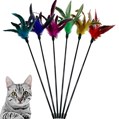 CATENESS Cat Wand Toy Feather Stick Cat Toys, 6 PCS Cat Feathers Wand Toy, Interactive Cat Toy Feather Wand for Indoor Cats - A-6 Pack Cat Wand Toys
