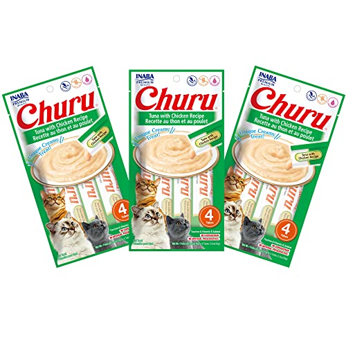 INABA Churu Cat Treats, Grain-Free, Lickable, Squeezable Creamy Purée Cat Treat/Topper with Vitamin E & Taurine, 0.5 Ounces Each Tube, 12 Tubes (4 per Pack), Tuna with Chicken Recipe - Tuna with Chicken Recipe - 0.5 Ounce (Pack of 12)