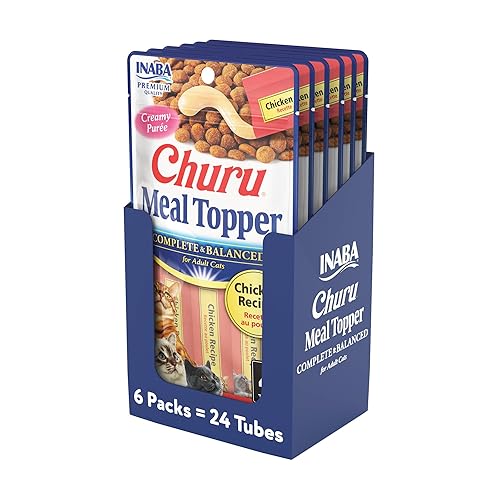 INABA Churu Meal Topper for Cats, Complete & Balanced, Creamy, Lickable Purée Cat Food Topper, 0.5 Ounce Tube, 24 Tubes (4 per Pack), Chicken Recipe - Chicken