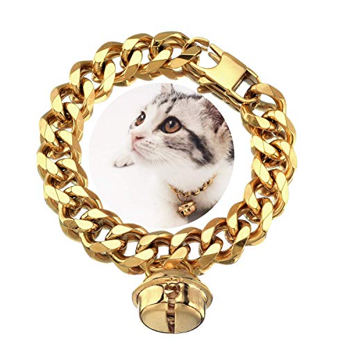 18K Gold Cat Dog Collar Kitten Puppy Gift Wide Stainless Steel Kitten Cute Curb 8 inch Adjustable Chew Proof Cuban Link 13mm Chain with Gold Bell (8"(for 6"~8")) - 8"(for 6"~8")