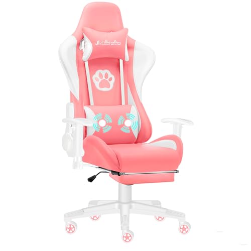 JL Comfurni Massage Pink Gaming Chair Racing Chair Office Chair for Home with Footrest Ergonomic Computer Chair Reclining Racing Chair High Back - Pink&white