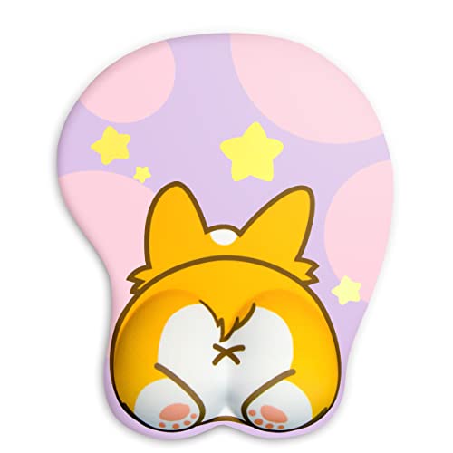 Pink Mouse Mat With Gel Wrist Rest Support,3D Cute Corgi Dog Anime Mouse Mat,Funny Non-Slip Base Mouse Pad for PC Laptop,Great Gift For Friends,Women,Her And Lovers(Pink & Purple)
