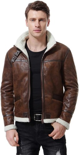 AOWOFS Men's Faux Leather Jacket Brown Motorcycle Bomber Shearling Suede Stand Collar - Brown X-Large