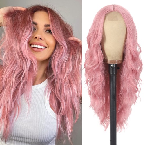 QIANSEE Pink Wig 26inch Long Wavy Wigs for Women Middle Part Curly Wig Natural Looking Heat Resistant Fiber Synthetic Wigs for Daily Use - Pink