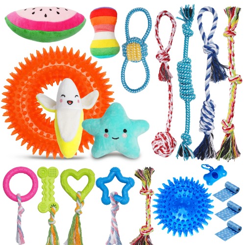 KIPRITII 20 Pack Super Value Puppy Toys, Puppy Teething Chew Toys with Rope Toys, Dog Bite Ring and More Squeaky Toys for Small Dogs