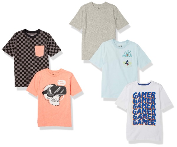 Amazon Essentials Boys and Toddlers' Short-Sleeve T-Shirts (Previously Spotted Zebra), Multipacks - 5 Grey/Peach/Black, Stripe 2T