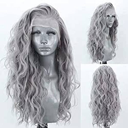 RONGDUOYI Silver Grey Long Curly Synthetic Lace Front Wigs for Women Free Part Pre Plucked Natural Hairline Lace Front Synthetic Cosplay Wigs Glueless Daily Wear Costume Wig 24 Inches - 24 Inch Silver Grey
