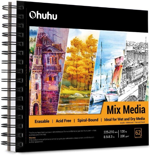 Ohuhu Schetsboek voor kunstenaars, schetsboek (120 lb/200 GSM) 62 vellen/124 pagina's - 225 × 210 mm dik papier spiraal tekenblok voor acryl, aquarel, acrylpapier voor kinderen en professionals