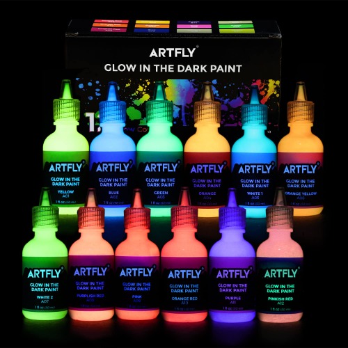 ARTFLY Glow in The Dark Verf, Lichtgevende Verf Set met 12 Neon Kleuren 30ml/1oz, Acryl Lichtgevende Verf Perfect Voor Kunstschilderen, DIY, Halloween- en Kerstversieringen, Rijke Pigmenten