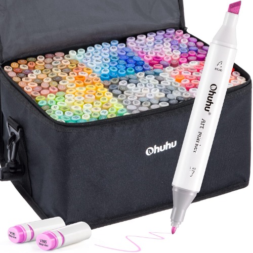 Ohuhu 320 kleuren Dual Tips permanente markeerstiften, kunstmarkers voor kinderen, markeerstift met draagtas voor tekenen en schetsen, kleuren, markeren en onderstrepen voor volwassenen (200 kleuren)