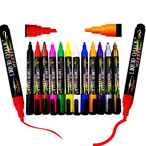 Liquid Chalk Markers - Chalkboard Marker Erasable on Blackboard, Glass, Window, Mirror and Art-Chalk Pen Includes Reversible Chisel & Bullet Tip - Wet Erase Ink (Non-Toxic)(12Neon Colors) - 1 count (Pack of 12)