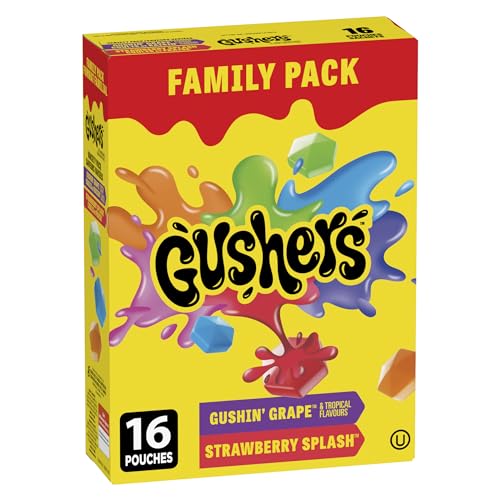 BETTY CROCKER GUSHERS - FAMILY PACK SIZE - Gushin Grape and Tropical Flavours, Strawberry Splash Fruit Flavoured Snacks, Pack of 16 Pouches, 368 Grams Package of Fruit Flavoured Snacks, Variety Flavours Pack - Fruit Snacks