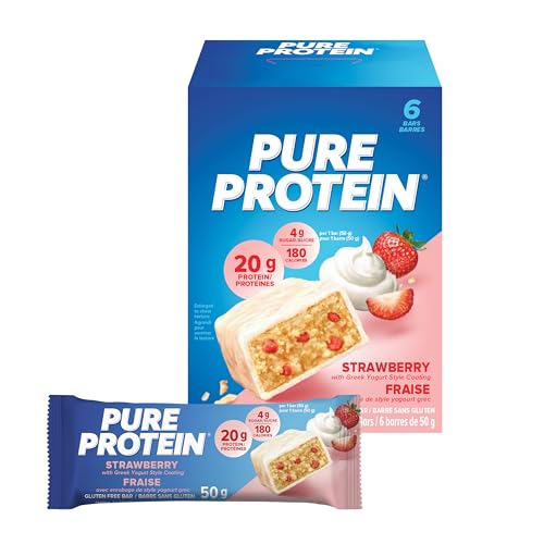 Pure Protein Bars - Nutritious, Gluten Free protein bar, made with Whey protein blend - low sugar, protein snack. Deliciously satisfying. Strawberry Greek Yogurt (Pack of 6) (Packaging May Vary) - Strawberry with Greek Yogurt - Protein Bars