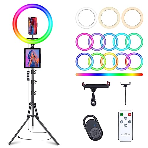 10" Selfie Ring Light with 63" Tripod Stand & 3 Phone Holder, LED Camera Ringlight with 48 RGB Colors Modes & Musical Rhythm Mode and 12 Brightness Dimmable for Makeup/Photography/Videos/Vlog/TikTok - 10" Musical Version