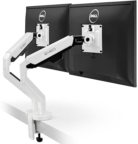 EVEO Premium Dual Monitor Mount 14-32” Dual Monitor Stand Vesa Bracket Adjustable Height Gas Spring Monitor Stand for Screen Full Motion Dual Monitor Arm-Computer Monitor Stand for 2 Screens - White - Dual Monitor Mount - White