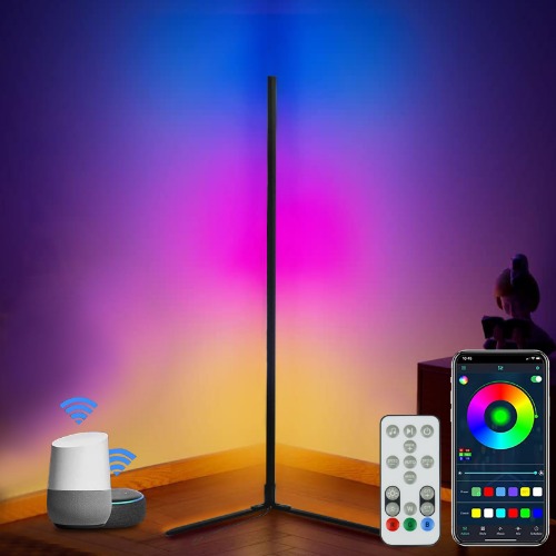 Anyuainiya RGB LED Floor Lamp, 1.45m LED Corner Lamp Works with Alexa, Remote and App Control, Smart Modern Standing Lamp with Music Sync and 16 Million DIY Colors, Dimmable Home Decor, Color Changing Gaming Light, Timing Stand Lights for Bedroom