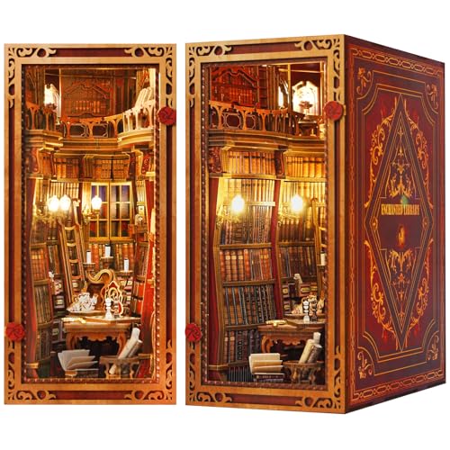 JOOHOUR DIY Book Nook Kit, Dollhouse Miniature, Booknook Bookshelf Insert Decor Alley 3D Wooden Puzzle, Bookends Model Building Kit with LED Light, Gift for Teens and Adults, Enchanted Library - Enchanted Library
