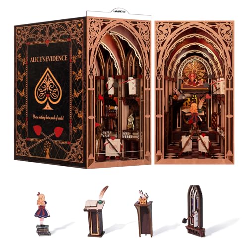 MiniCity Book Nook Kit, DIY Miniature Dollhouse Booknook Kit, 3D Wooden Puzzle Bookend Bookshelf Insert Decor with LED Light for Teens and Adults (Alice in Wonderland)