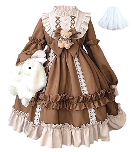 Topin Lolita Princess Dress Kawaii Long Sleeves Sweet Girl Chiffon Fancy Dress - Large - Brown