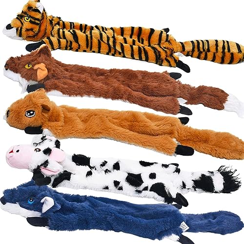 SHARLOVY Dog Squeaky Toys 5 Pack, Pet Crinkle Toy No Stuffing Animals Plush, Dog Chew for Large and Medium, Doggie Teething for Boredom - Large - 5 Pack