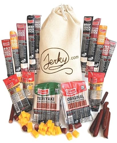 Jerky Gift Basket for Men - 26pc Jerky Variety Pack of Beef, Pork, Turkey, & Ham Snack Sticks - High Protein Healthy Snack - Unique Gift for Men - 26 Piece Gift Bag