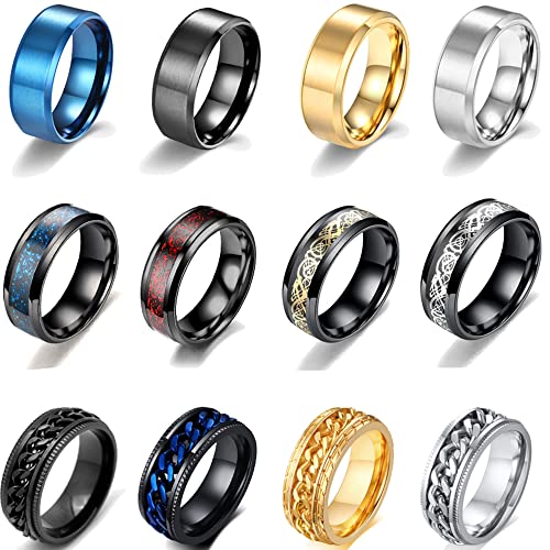 MOZAKA 12Pcs 8mm Stainless Steel Fidget Band Chain Spinner Rings for Men Women Dragon Pattern Polished Wedding Cool Release Anxiety Ring Set Size 7-11 - 8