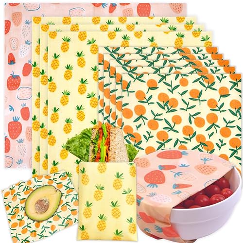 Reusable Beeswax Wrap - 9 Pack Beeswax Wraps for Food, Eco-Friendly Beeswax Food Wraps, Bread Sandwich Food Wrap - Organic, Sustainable, Zero Waste, Plastic-Free Food Storage, 1XL, 3M, 5S - 9 Pack(1Strawberry, 3Pineapple, 5Orange)