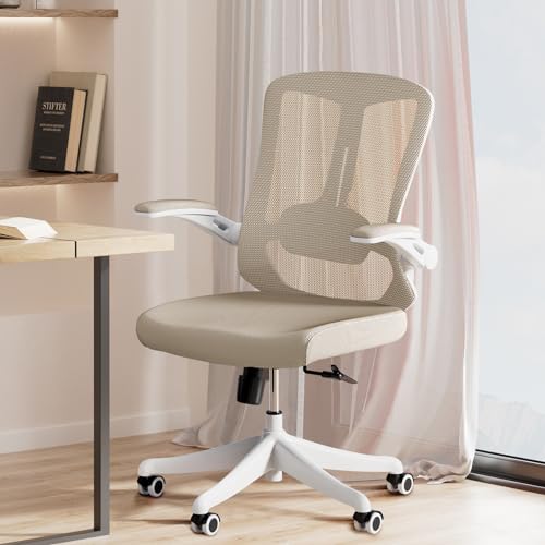 Ergonomic Office Chair, Mid-Back Computer Desk Chair Comfy Lumbar Support - Home Office Mesh Swivel Chair with Tilt Function Backrest, Flip-up Armrest, PU Silent Rolling Wheels, Khaki - B-beige