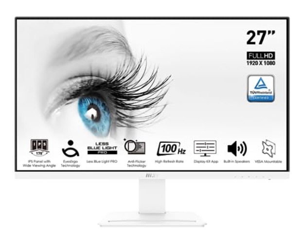 MSI Pro MP273AW, 27" Monitor, 1920 x 1080 (FHD), IPS, 100Hz, TUV Certified Eyesight Protection, 4ms, Displayport, HDMI, Tilt, White - Pro MP273AW