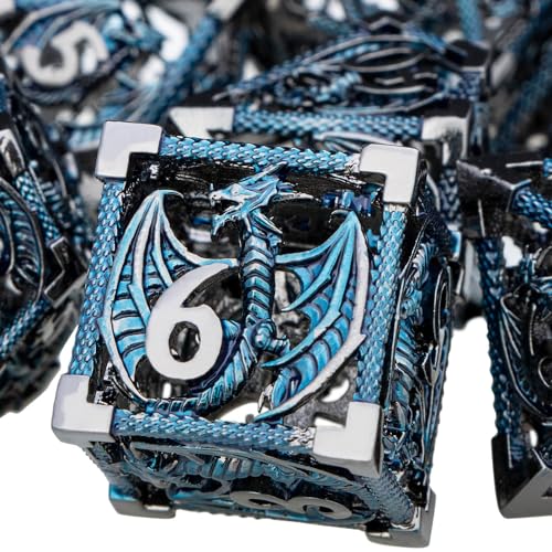ARUOHHA Hollow DND Metal Dice Set Dungeons and Dragons Black Blue D and D Dice with Gift Box, RPG D&D Polyhedral Dice Role Playing Games D20 D12 D10 D8 D6 D4 - Black Blue-01