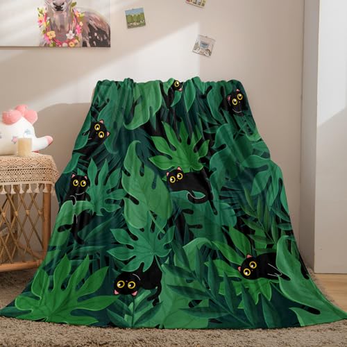Bedorm Leaf Tropical Blanket and Throws Black Cat Flannel Fleece Throw Blanket Palm Tree Leaf Botanical Pattern Cute Kitten Blanket Black Green Travel Blanket for Boys Girls, 50’’ x 60’’ - Dark Green - Throw