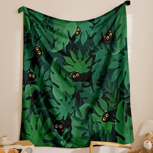 Leaf Black Green Blanket Super Soft Fuzzy Flannel Fleece Throw Blanket Palm Tree Leaf Botanical Pattern Black Cat Kitten Blanket Travel Bed Blanket for All Season, 50’’ x 60’’ - Dark Green - Throw