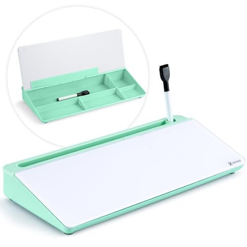 Varhomax Glass Desk Whiteboard with Storage, Desk Buddy to-do List Memo Desktop Dry Erase White Board Keyboard Stand for Home Office and School Supplies (Green) - Green Base