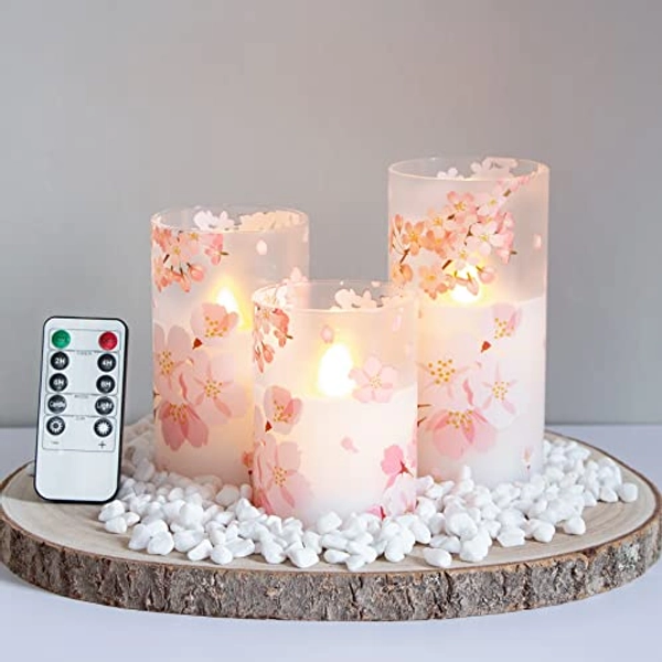 Mavandes Flameless Flickering Glass Candles with Remote and Timer,Cherry Blossoms LED Battery Operated Real Wax Set of 3 Realistic Wick Electric Pillar Candles,Warm Fire(3 x 4, 5, 6 Inches)