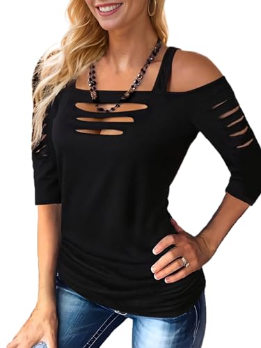 Sexy Cut Out Cold Off Shoulder Tops for Women T-Shirt Distressed Half Sleeve Square Neck Blouse Summer Rock Tee - Medium - Black