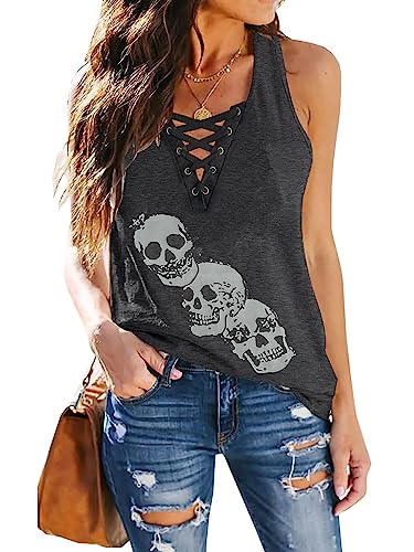 Jofemuho Womens Tank Tops Skull Tank Shirts Loose Flowy Sleeveless Tops - Small - Dark Grey
