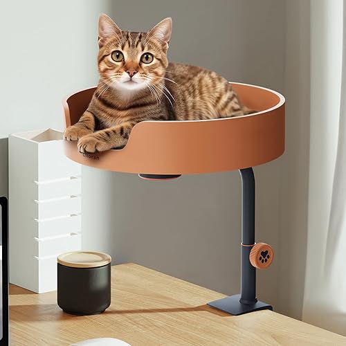 Cat Bed Desk Nest with Teaser,Easy Installation Shelf,Sturdy Frame,Removable Cushioned Cushion, Space Saving Design,Ideal for Side Table,Home Office,Fits Cats