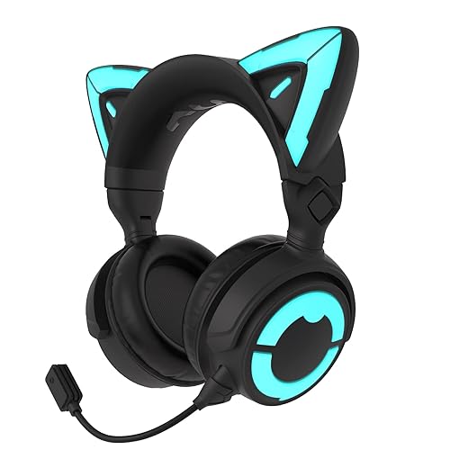 YOWU RGB Cat Ear Headphone 4, Upgraded Wireless & Wired Gaming Headset with Attachable HD Microphone -Active Noise Reduction, Dual-Channel Stereo & Customizable Lighting and Effect via APP (Black) - Black
