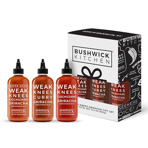 Bushwick Kitchen Sriracha Sampler Gift Box, Set Includes Gochujang Sriracha, Super Spicy Gochujang Sriracha, Curry Sriracha Hot Sauce, 5 Recipes, Chile Pepper Dish Towel, and Bushwick Kitchen Gift Box - Sriracha Gift Set