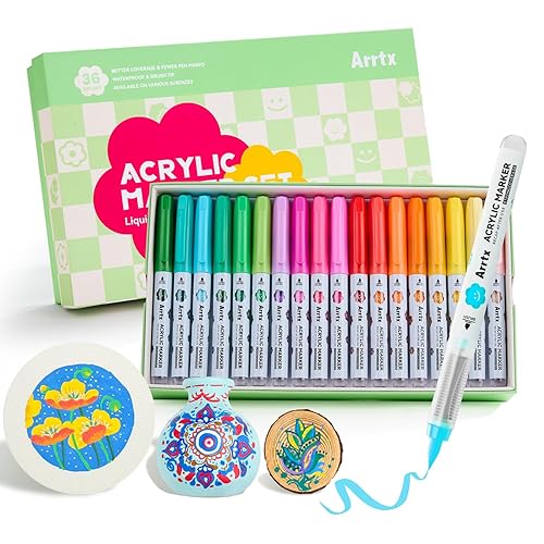 Arrtx 36 Colors Acrylic Paint Pens for Rock Painting, Brush Tip Acrylic Pen, Acrylic Markers, Waterproof Paint Marker, Art Supplies for Stone, Glass, Egg, Wood, DIY Crafts