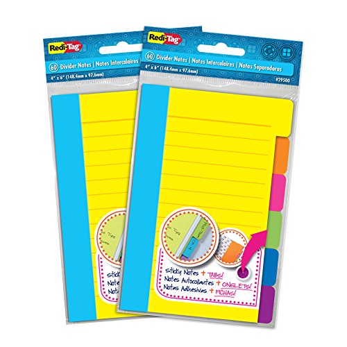 Redi-Tag Divider Sticky Notes, Tabbed Self-Stick Lined Note Pad, 60 Ruled Notes per Pack, 4 x 6 Inches, Assorted Neon Colors, 2 Pack (10290) - 2 Pack