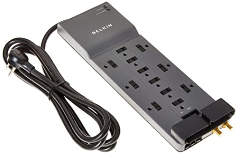 Belkin 12-Outlet Power Strip Surge Protector with 10-Foot Cord, Ethernet, and Coaxial Protection, BE112234-10, Gray - 3 Pack